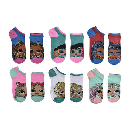 6 Pair No Show Socks Girls LOL, Small, Blue