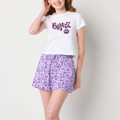 Skinnydip London Bratz Purple Womens Juniors Short Sleeve 2-pc. Shorts Pajama Set