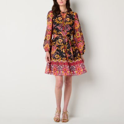 Maia Womens Long Sleeve Floral Fit + Flare Dress