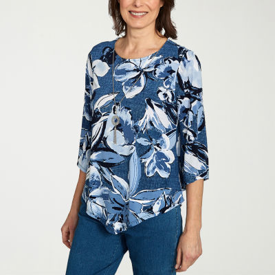 Alfred Dunner Classics Womens Crew Neck 3/4 Sleeve T-Shirt