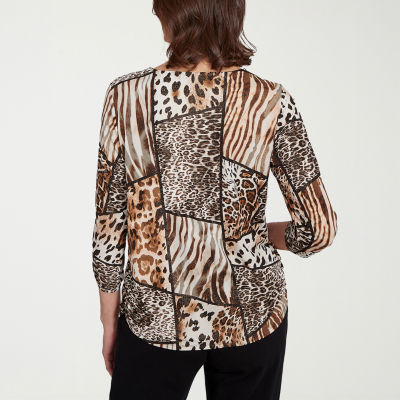 Alfred Dunner Classics Womens Crew Neck 3/4 Sleeve T-Shirt