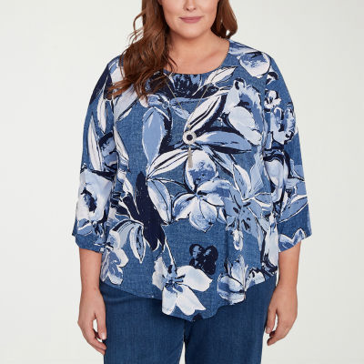 Alfred Dunner Classics Womens Crew Neck 3/4 Sleeve Plus T-Shirt