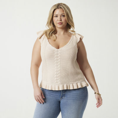 JS Jessica Simpson Plus Womens V Neck Sleeveless Cable Knit Pullover Sweater