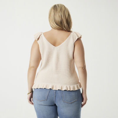 JS Jessica Simpson Plus Womens V Neck Sleeveless Cable Knit Pullover Sweater