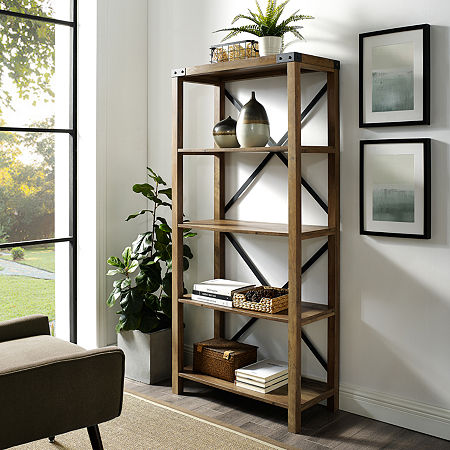 Farmhouse Metal Accented Wood Bookcase, One Size, Brown