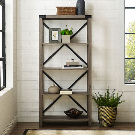 Farmhouse Metal Accented Wood Bookcase, One Size, Gray