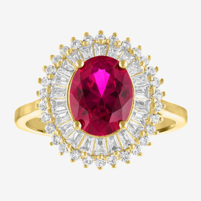 Womens Lab Created Red Ruby 14K Gold Over Silver Halo Side Stone Cocktail Ring