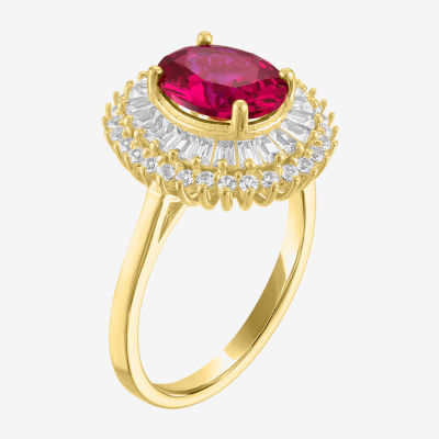 Womens Lab Created Red Ruby 14K Gold Over Silver Halo Side Stone Cocktail Ring