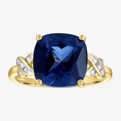 Womens Diamond Accent Lab Created Blue Sapphire 10K Gold Side Stone Cocktail Ring