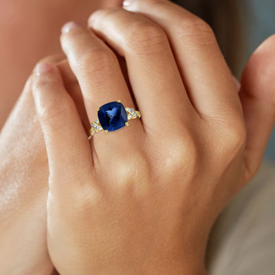 Womens Diamond Accent Lab Created Blue Sapphire 10K Gold Side Stone Cocktail Ring