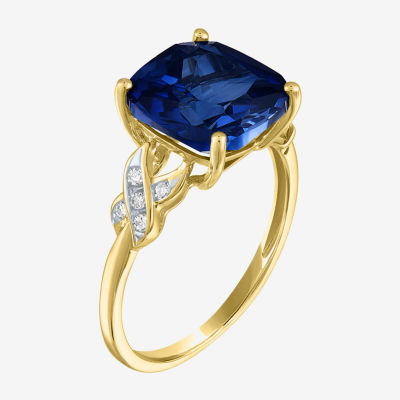 Womens Diamond Accent Lab Created Blue Sapphire 10K Gold Side Stone Cocktail Ring