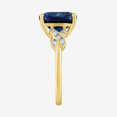 Womens Diamond Accent Lab Created Blue Sapphire 10K Gold Side Stone Cocktail Ring