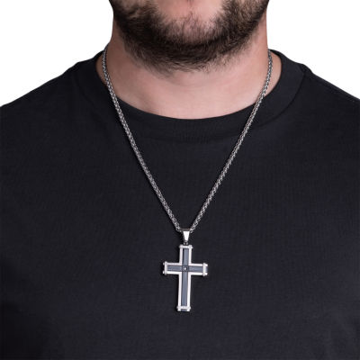 Mens Stainless Steel & Black Cubic Zirconia Cross Pendant Necklace