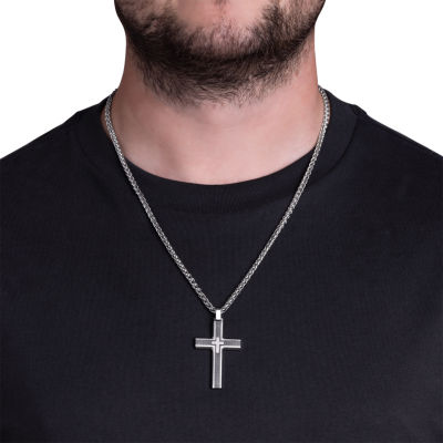Mens White Cubic Zirconia Stainless Steel Cross 24 Inch Pendant Necklace