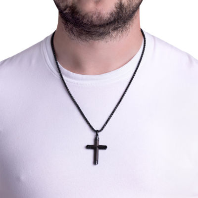 Wooden Inlay Mens Stainless Steel Cross Pendant Necklace