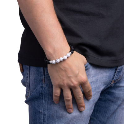 Mens Black Agate Sterling Silver Beaded Bracelet