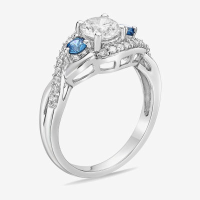 Diamonart Womens Blue Cubic Zirconia Sterling Silver Round Side Stone 3-Stone Engagement Ring