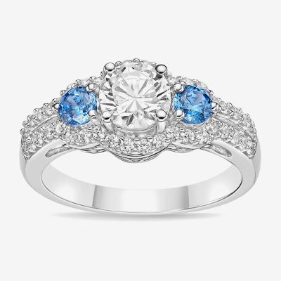 Diamonart Womens Blue Cubic Zirconia Sterling Silver Round Side Stone 3-Stone Engagement Ring