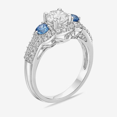 Diamonart Womens Blue Cubic Zirconia Sterling Silver Round Side Stone 3-Stone Engagement Ring