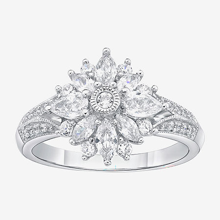 DiamonArt Womens White Cubic Zirconia Sterling Silver Cluster Cocktail Ring, 7, Sterling Silver
