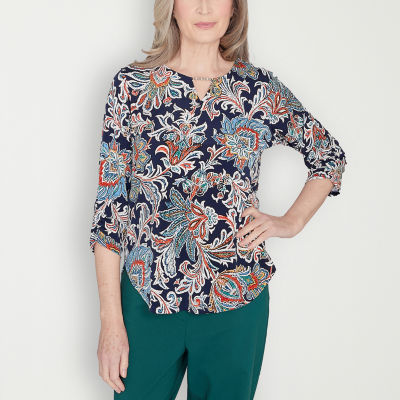 Alfred Dunner Classics Womens Crew Neck 3/4 Sleeve T-Shirt