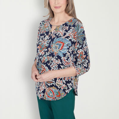 Alfred Dunner Classics Womens Crew Neck 3/4 Sleeve T-Shirt
