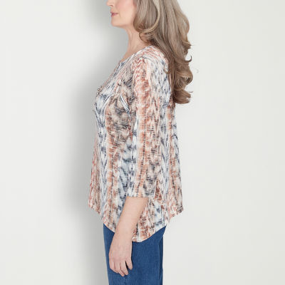 Alfred Dunner Classics Womens Crew Neck 3/4 Sleeve T-Shirt