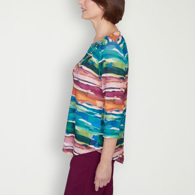 Alfred Dunner Classics Womens Crew Neck 3/4 Sleeve T-Shirt