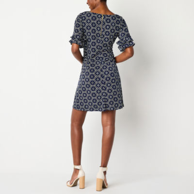 Perceptions Womens Short Sleeve Puff Print Shift Dress