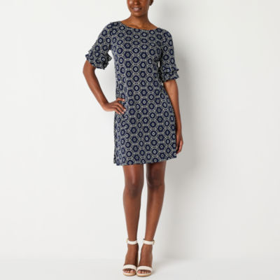 Perceptions Womens Short Sleeve Puff Print Shift Dress