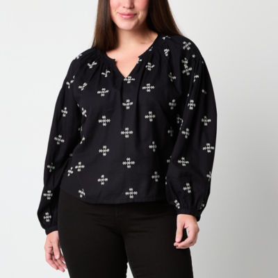 a.n.a Womens Split Crew Neck Long Sleeve Embroidered Peasant Top