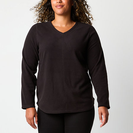 St. John's Bay Polar Fleece Womens V Neck Long Sleeve Sweatshirt, Petite Medium, Black