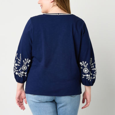 St. John's Bay Plus Womens Split Crew Neck 3/4 Sleeve Embroidered Blouse