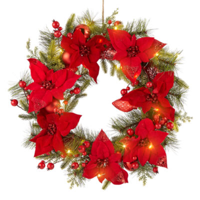 North Pole Trading Co. Red Glitter Led Indoor Pre-Lit Christmas Wreath