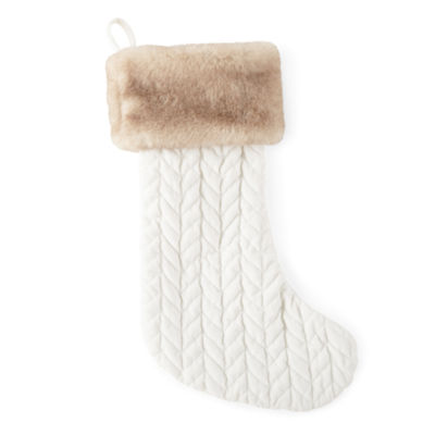 North Pole Trading Co. White Quilted With Faux Fur Christmas Stocking