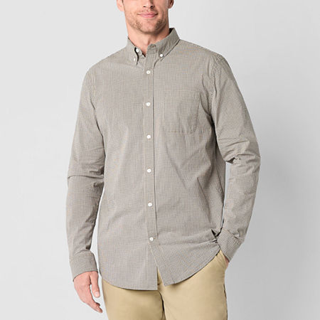 St. John's Bay Stretch Poplin Mens Classic Fit Long Sleeve Button-Down Shirt, Large, Brown