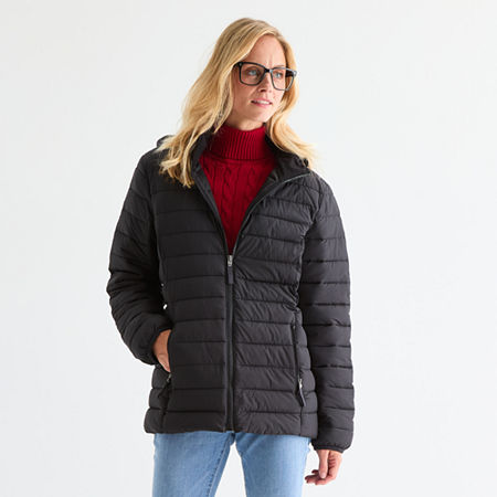 St. John's Bay Womens Hooded Midweight Puffer Jacket In Black