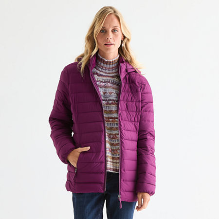 St. John's Bay Womens Hooded Midweight Puffer Jacket In Animal Print