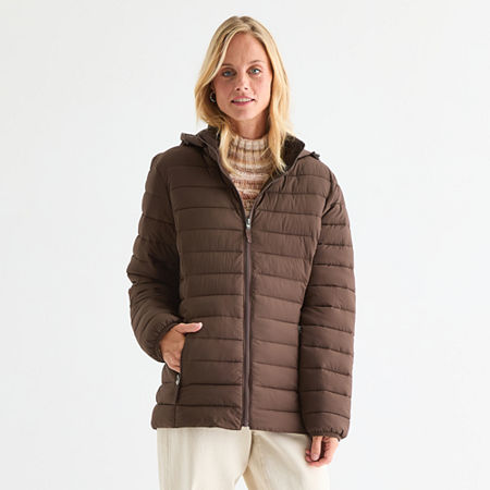 St. John's Bay Womens Hooded Midweight Puffer Jacket In Brown