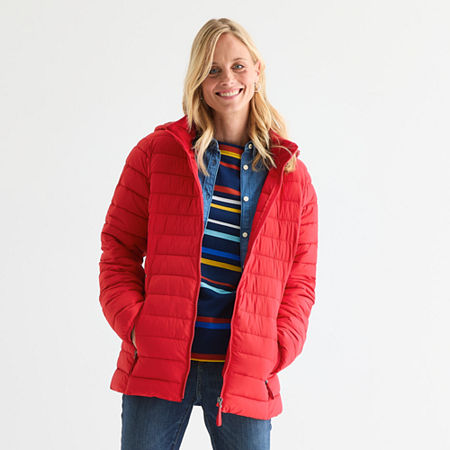 St. John's Bay Womens Hooded Midweight Puffer Jacket In Red