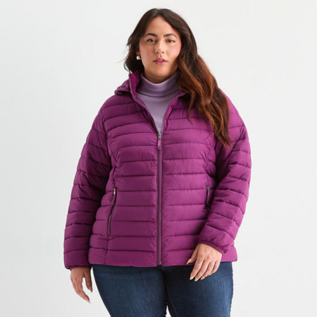 St. John's Bay Womens Plus Hooded Packable Midweight Puffer Jacket In Purple
