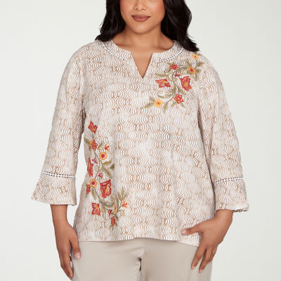 Alfred Dunner Copper Canyon Womens Split Crew Neck 3/4 Sleeve Embroidered Plus Blouse