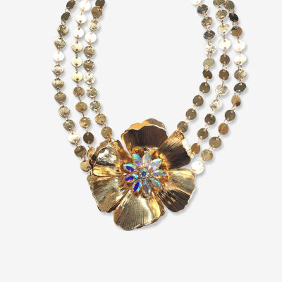 Bijoux Bar Gold Tone Crystal 9 Inch Link Flower Pendant Necklace