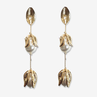 Bijoux Bar Metal Petal Linear Simulated Pearl Drop Earrings