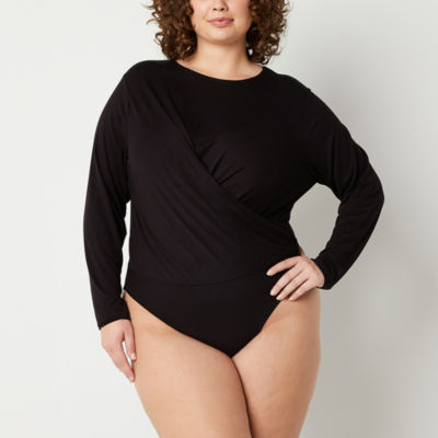 Worthington Womens Crew Neck Long Sleeve Bodysuit Plus