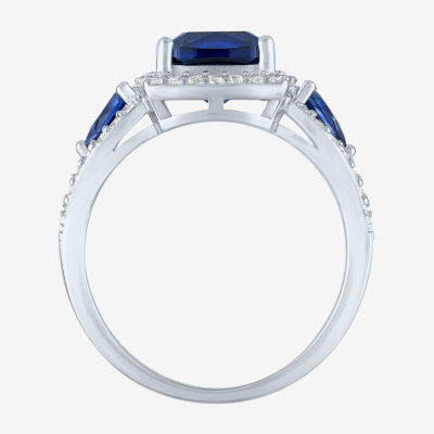 Womens Lab Created Blue Sapphire Sterling Silver Halo Side Stone Cocktail Ring