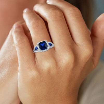 Womens Lab Created Blue Sapphire Sterling Silver Halo Side Stone Cocktail Ring