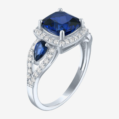 Womens Lab Created Blue Sapphire Sterling Silver Halo Side Stone Cocktail Ring