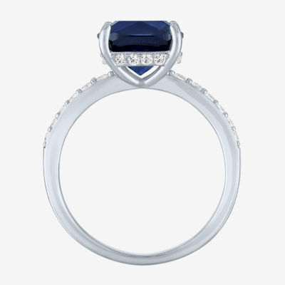 Womens Lab Created Blue Sapphire Sterling Silver Side Stone Solitaire Cocktail Ring