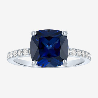 Womens Lab Created Blue Sapphire Sterling Silver Side Stone Solitaire Cocktail Ring